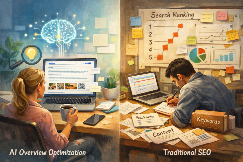 AI workspace compared with traditional SEO desk