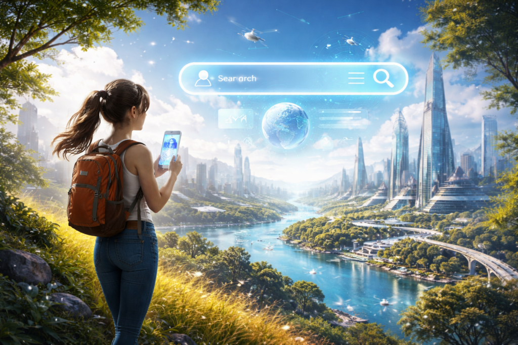 Futuristic cityscape with holographic search interface