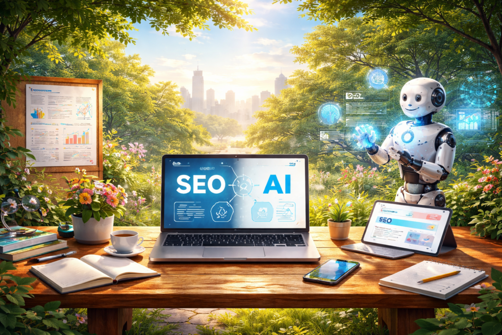 AI and SEO collaboration workspace landscape scene