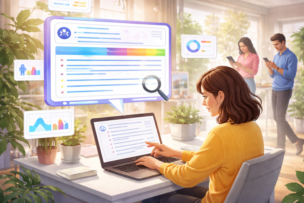 Woman viewing AI search overview on laptop