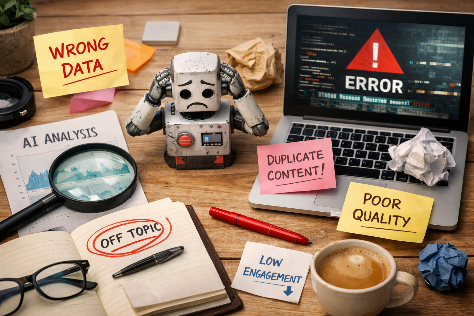 AI content optimization mistakes workspace scene