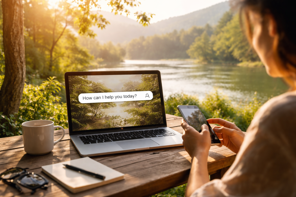 Woman using smartphone and laptop outdoors