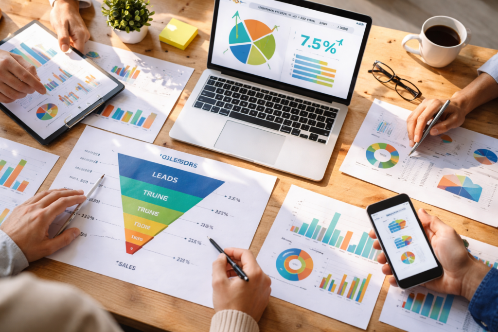Team reviewing conversion funnel analytics charts