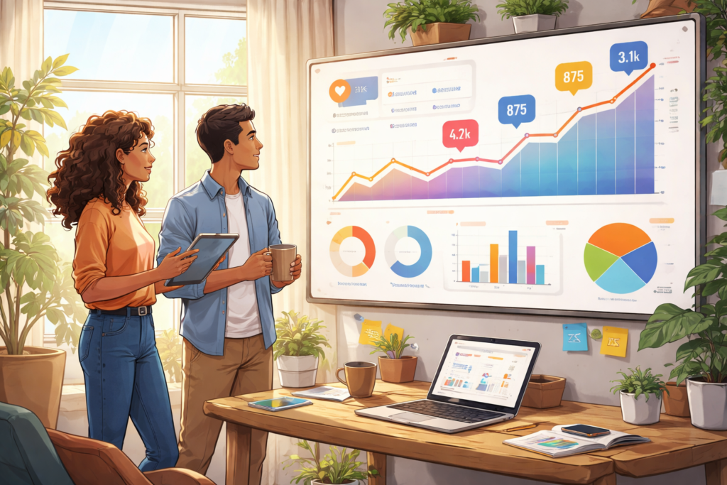 Team reviewing user engagement analytics dashboard