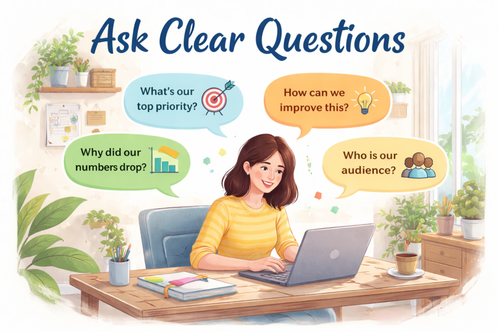 Professional woman brainstorming with question bubbles