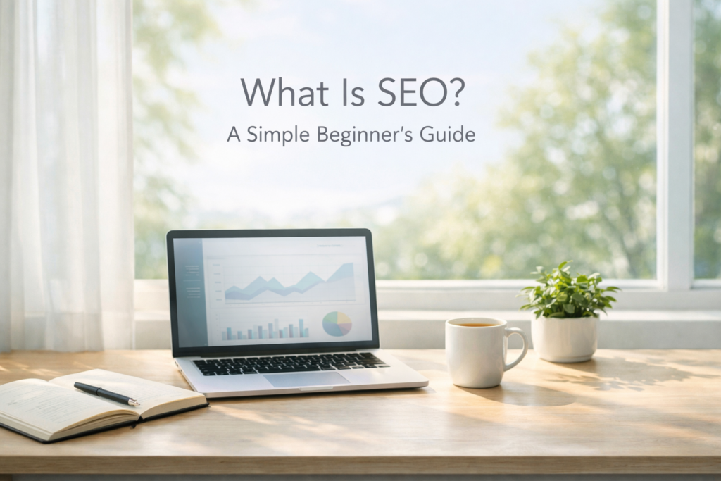 Simple graphic showing SEO improving website visibility on Google.