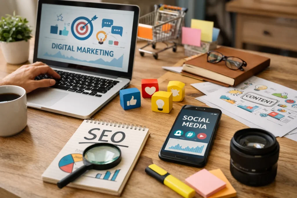 Digital marketing workspace with analytics tools