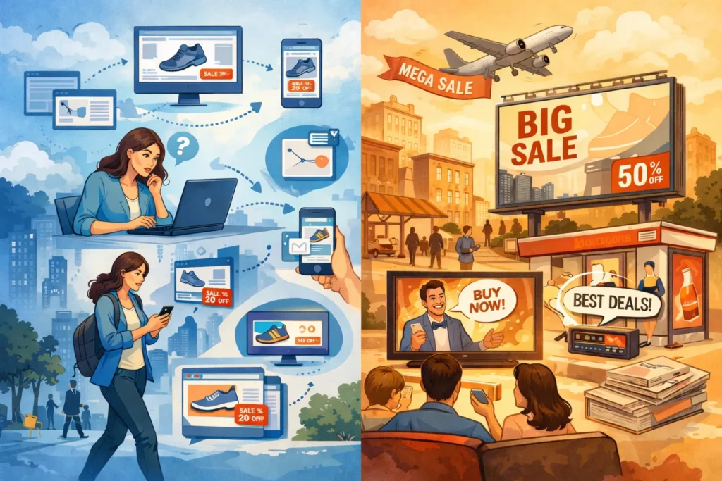 Remarketing and traditional advertising comparison visual