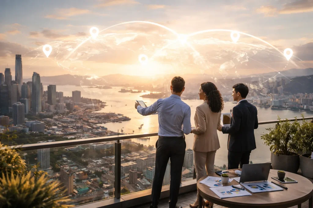 Business team reviewing global market expansion view