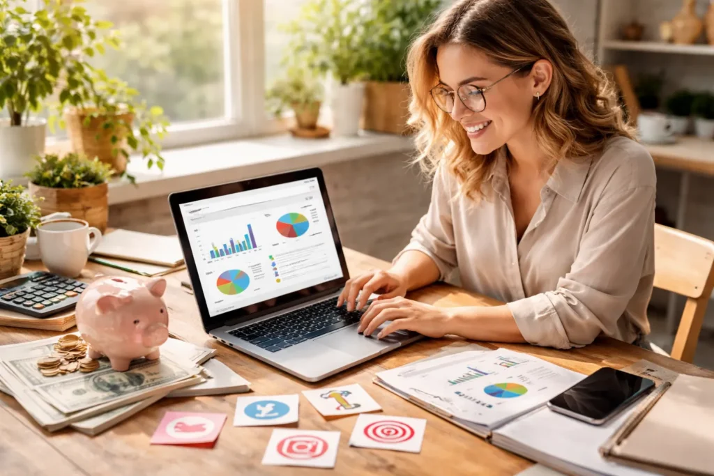 Smiling marketer analyzing budget and performance