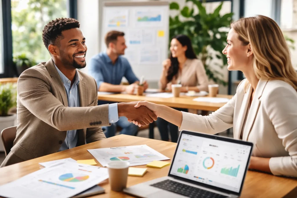 Business handshake generating quality leads in office