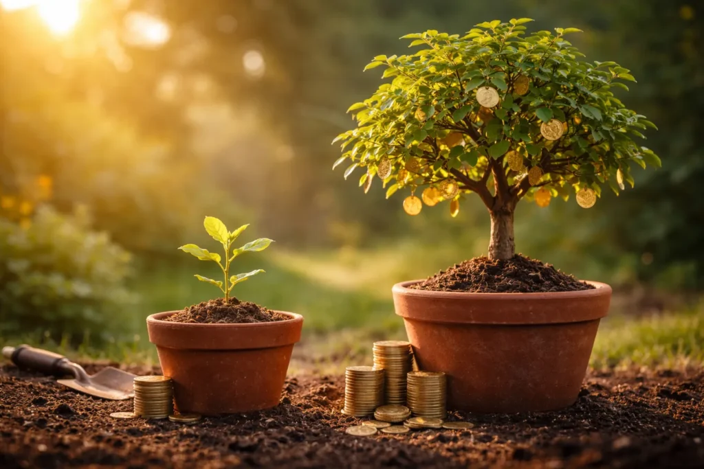 Plant sapling and coin tree showing growth