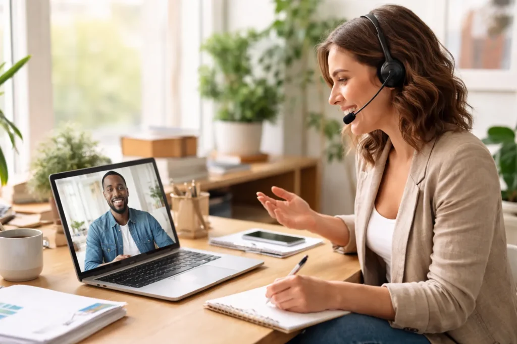 Customer support video call on laptop screen