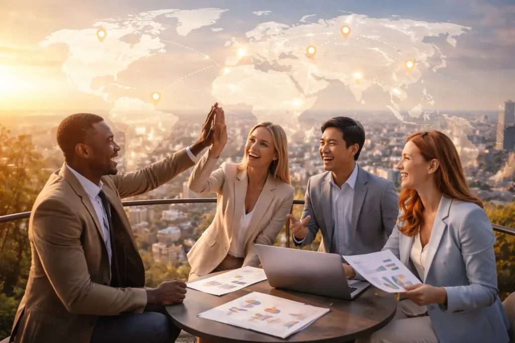 Business team exploring global market growth opportunities
