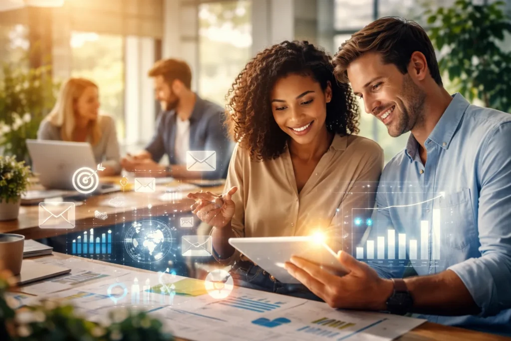 Team analyzing digital marketing data on tablet