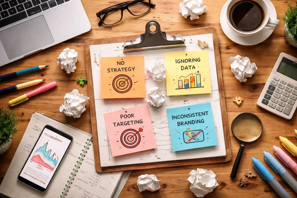 Marketing mistakes notes on office desk