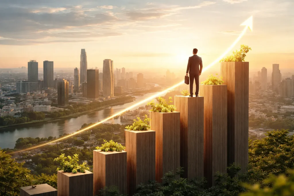 Businessman overlooking rising city skyline