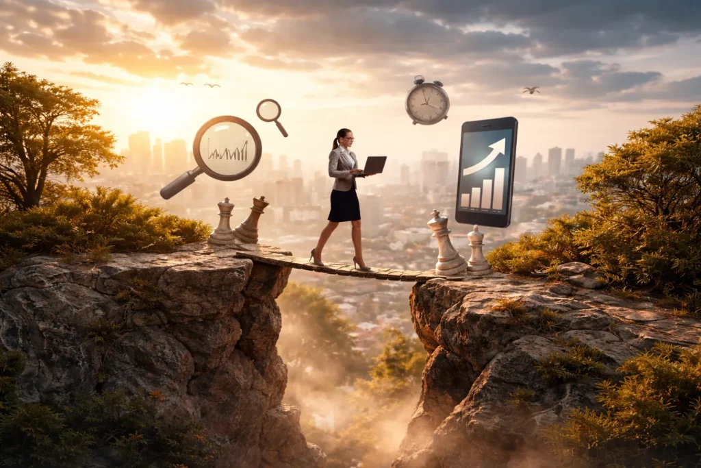 Businesswoman balancing strategy and market risks