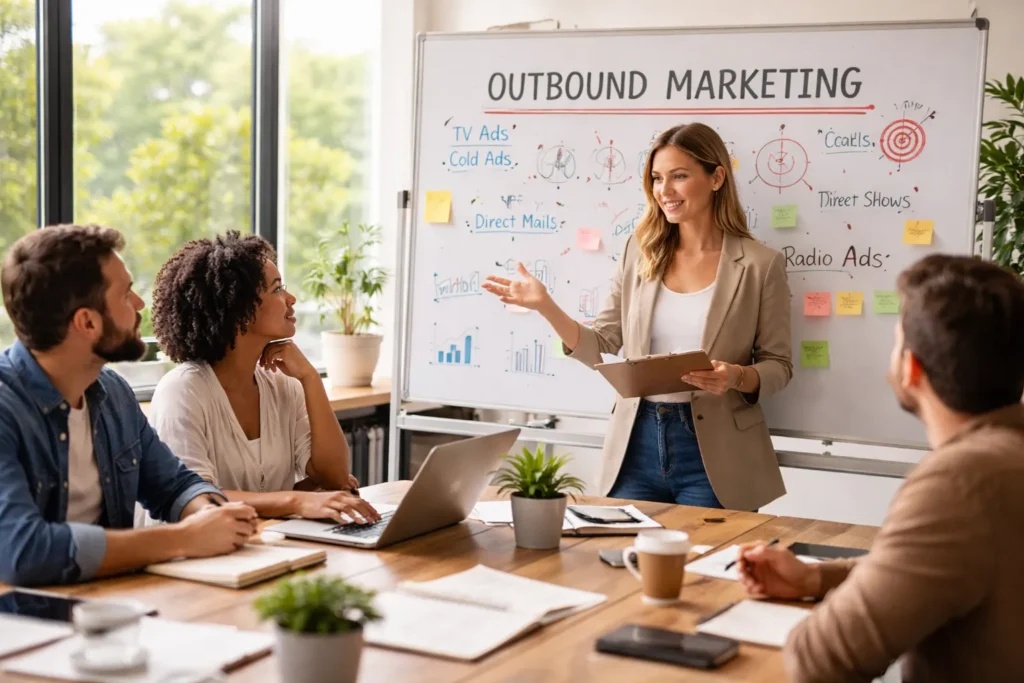 Team discussing outbound marketing strategies together