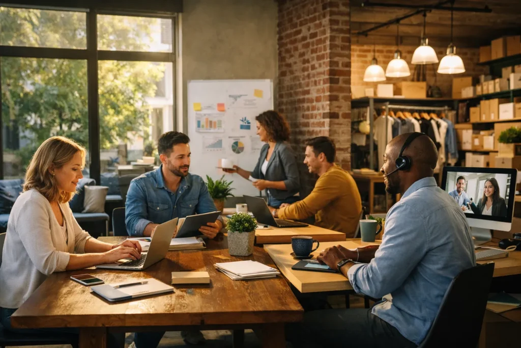 Small business team collaborating in hybrid workspace