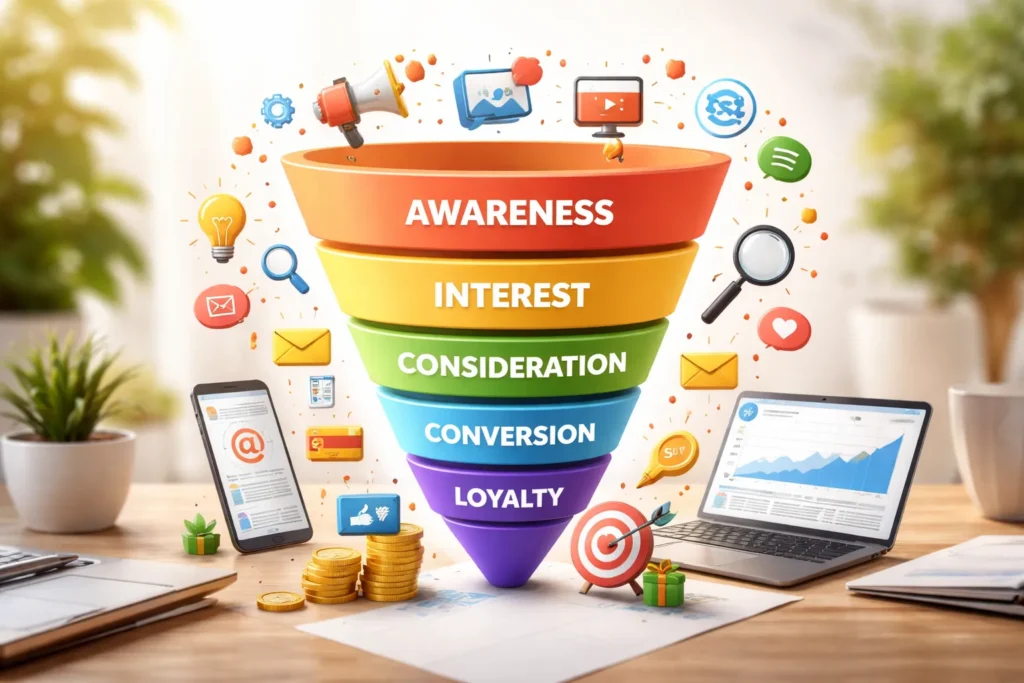 Colorful digital marketing funnel on desk
