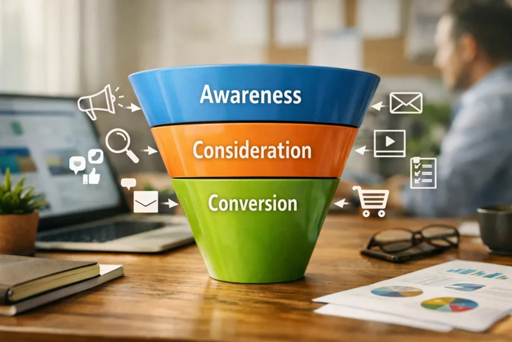 Digital marketing funnel stages in modern workspace