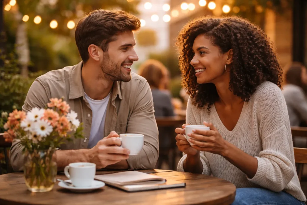 Two people sharing coffee, building genuine trust