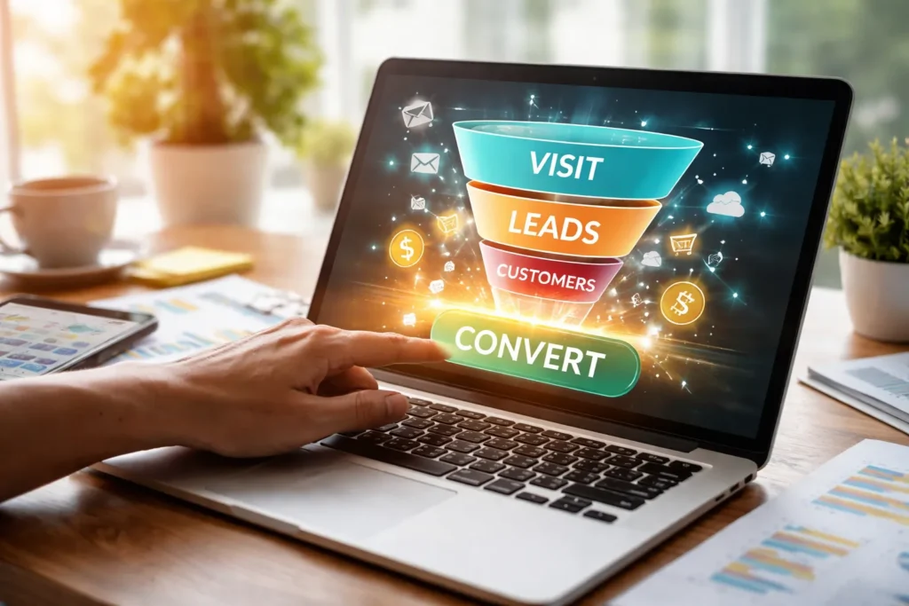 Hand clicking laptop showing digital marketing conversion funnel