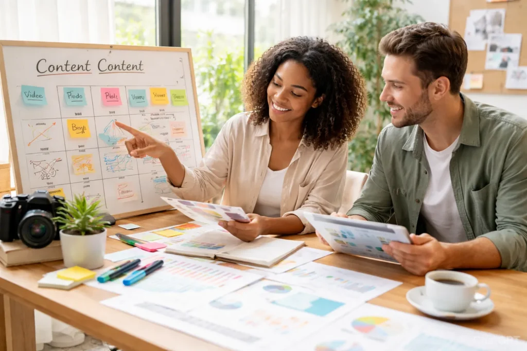 Team planning content strategy in office