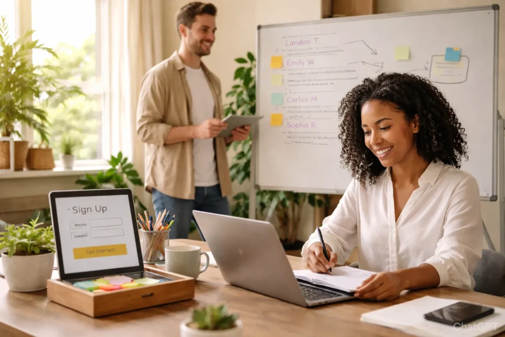 Marketing team reviewing online signup leads