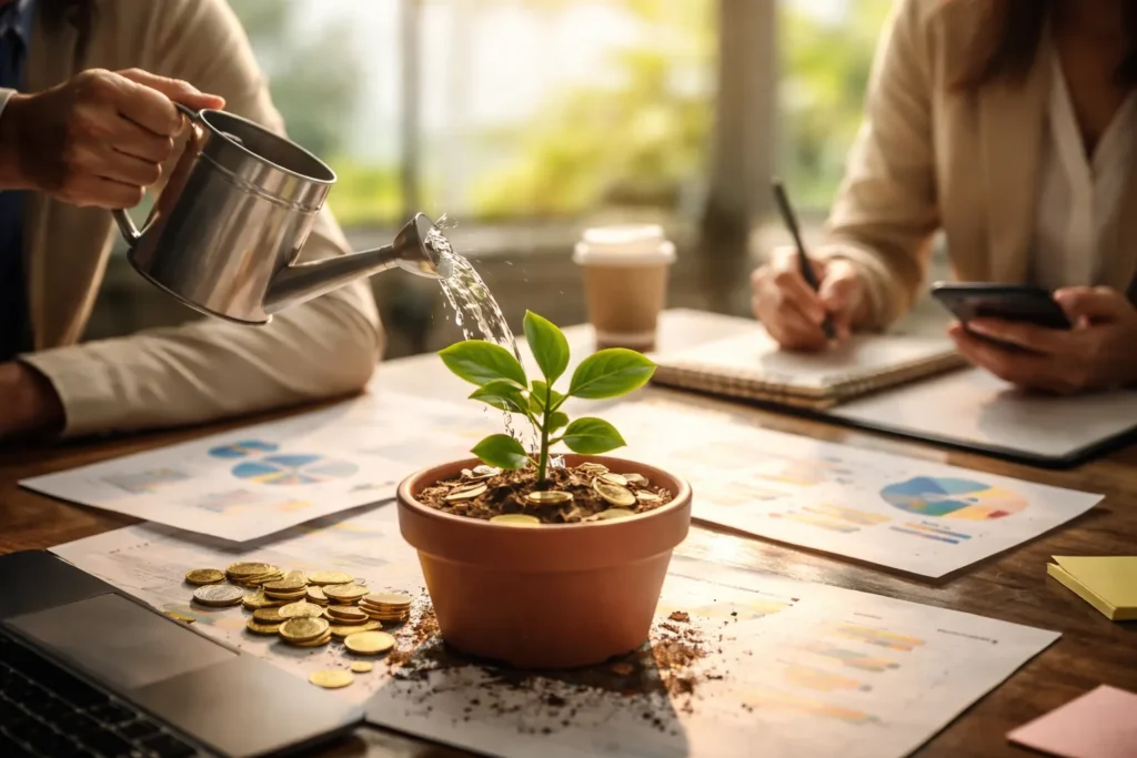 Watering growing plant over financial reports