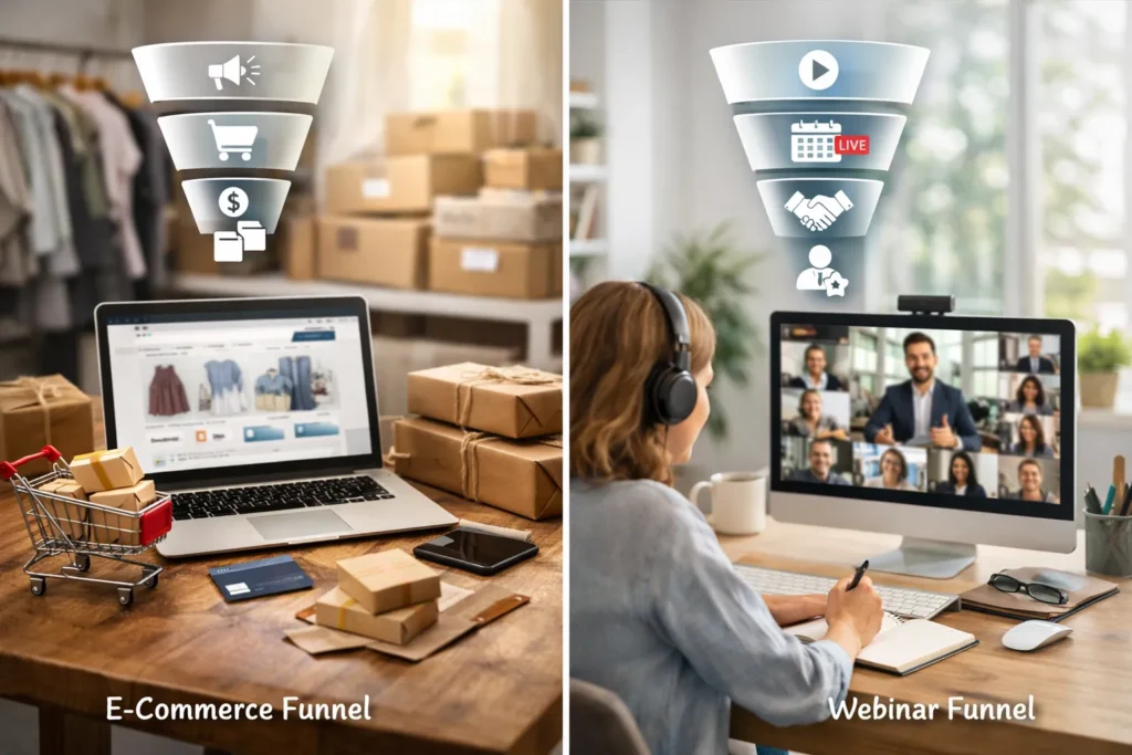 E-commerce and webinar marketing funnels visual