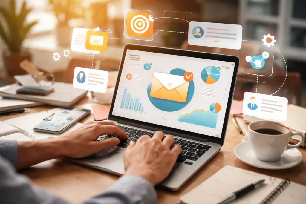 Hands typing on laptop with email dashboard