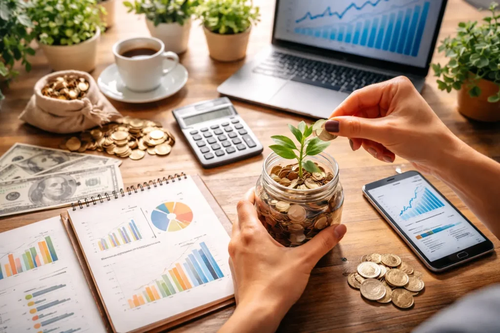Investment growth concept with plant and coins