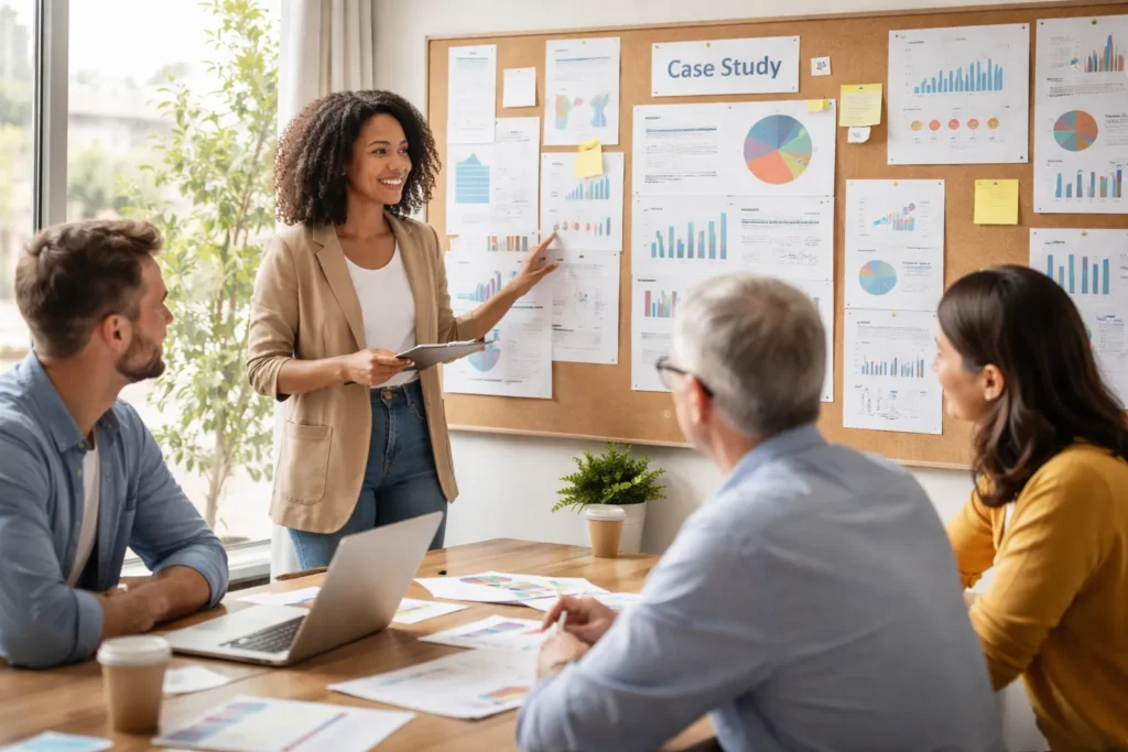 Team leader presenting case study insights