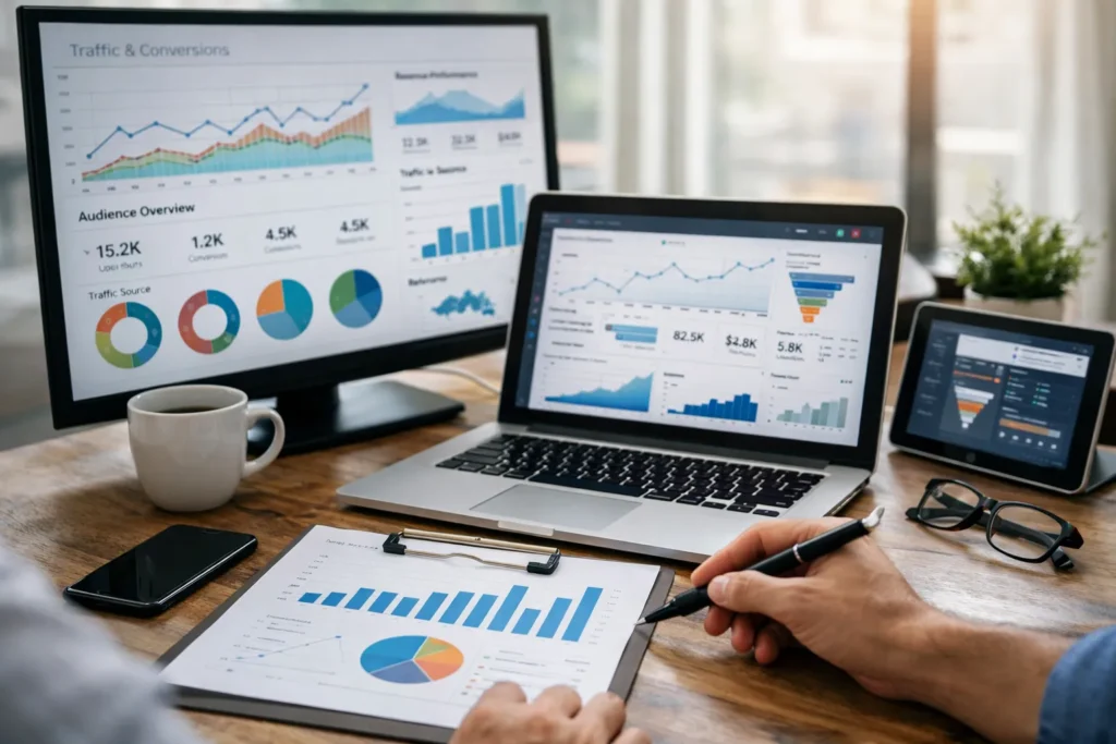 Two analysts reviewing marketing data dashboards