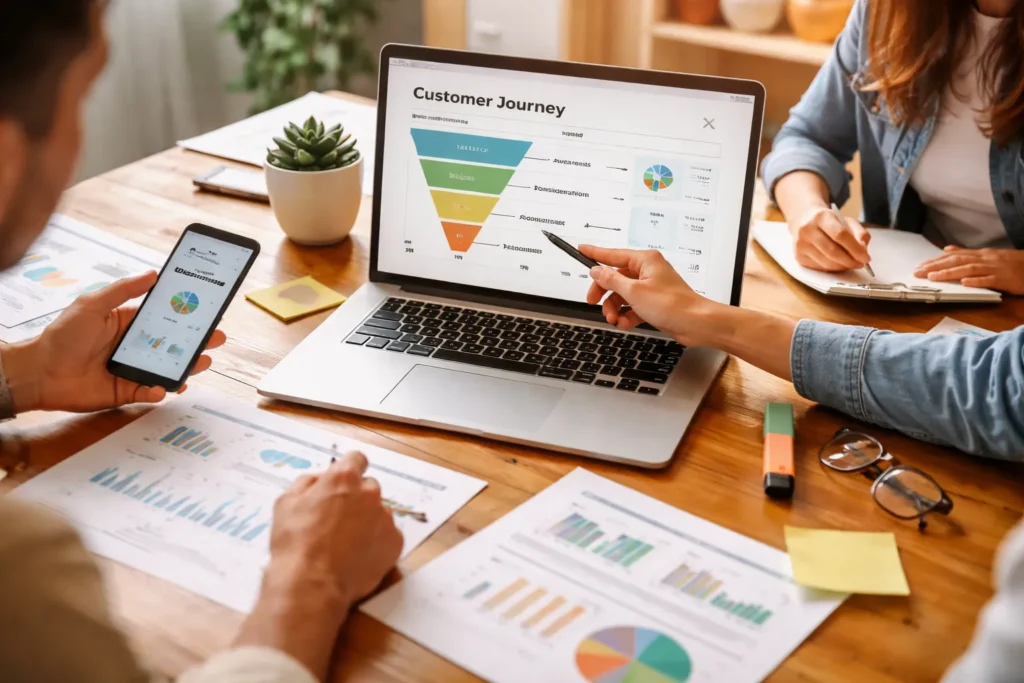 Team reviewing customer journey analytics dashboard
