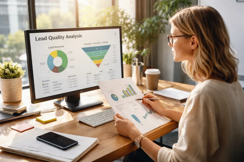 Marketing analyst reviewing lead performance data