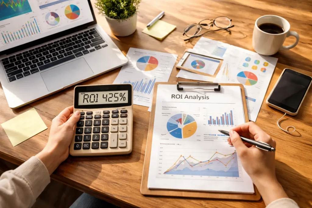Hands calculating marketing ROI with charts