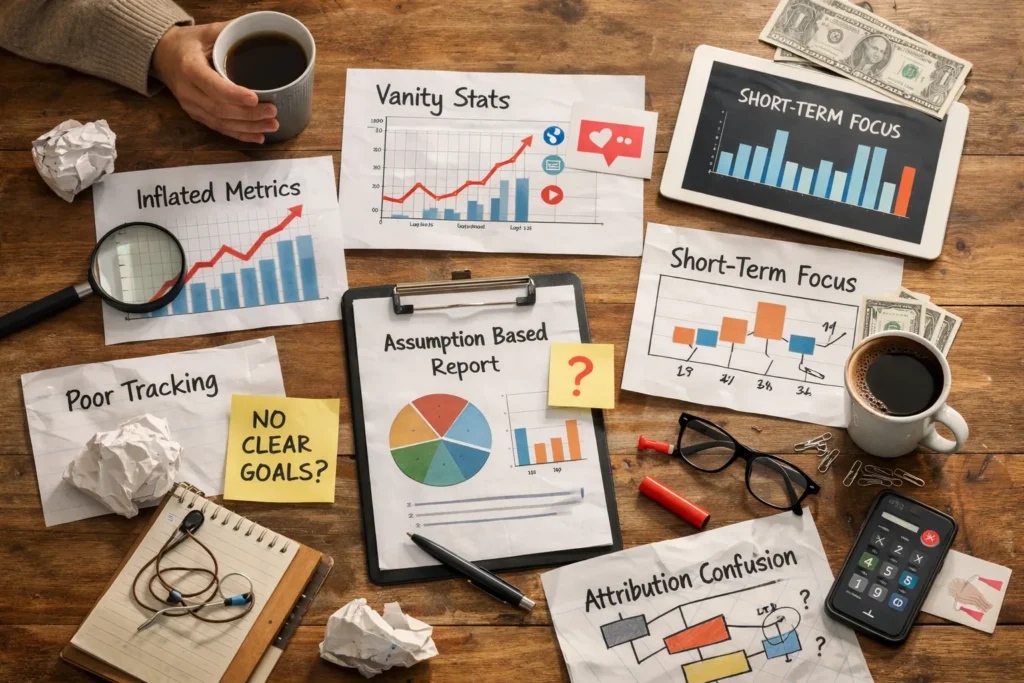 Cluttered marketing workspace showing tracking mistakes