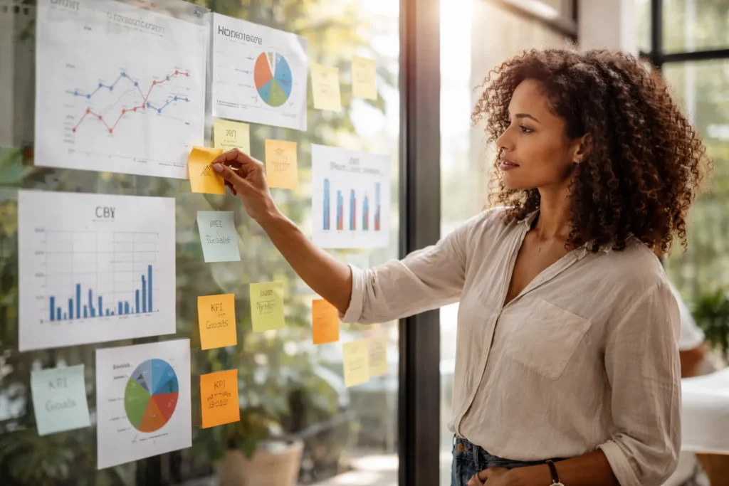 Marketing analyst reviewing KPI charts on glass board