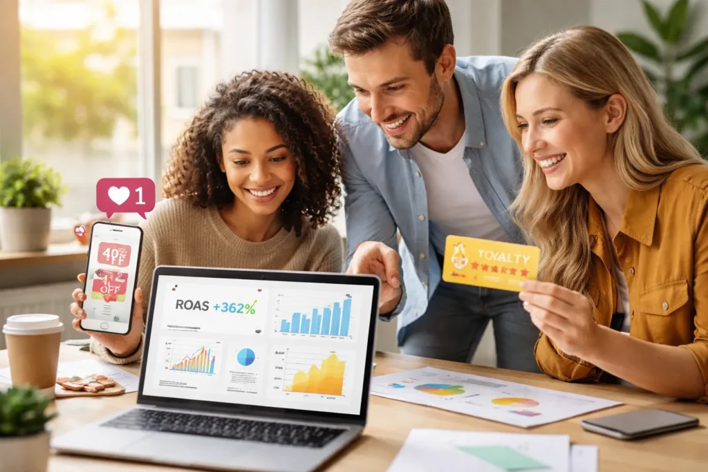 Team reviewing marketing analytics and loyalty campaign