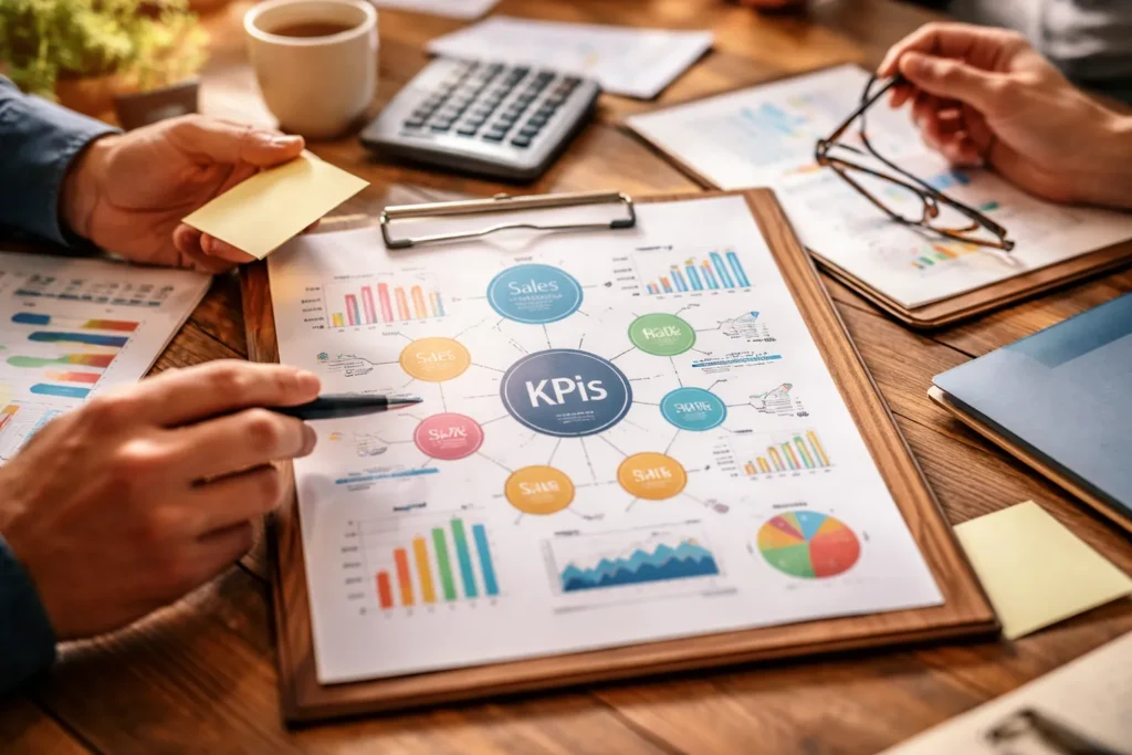 Team analyzing KPI dashboard with charts