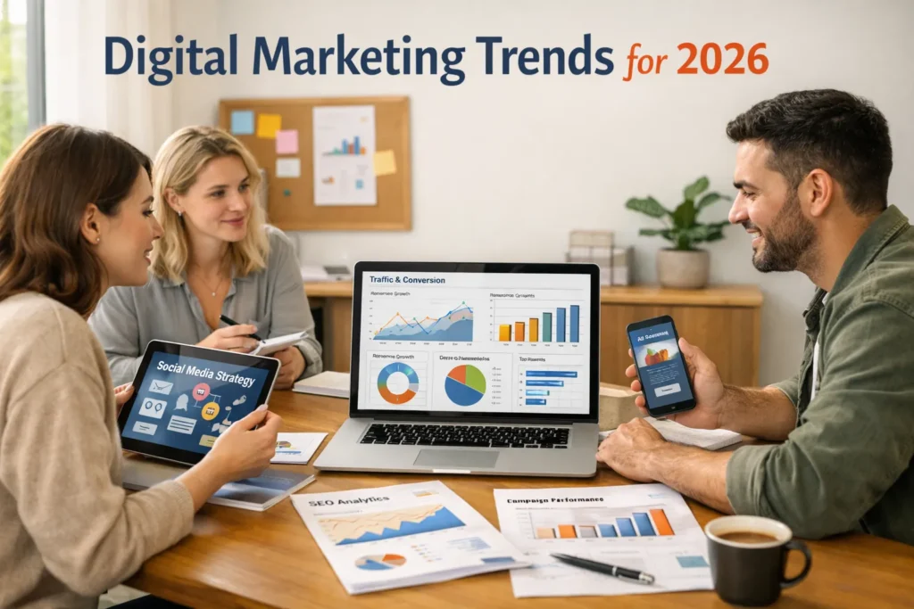 Marketing analyst reviewing KPI charts on glass board