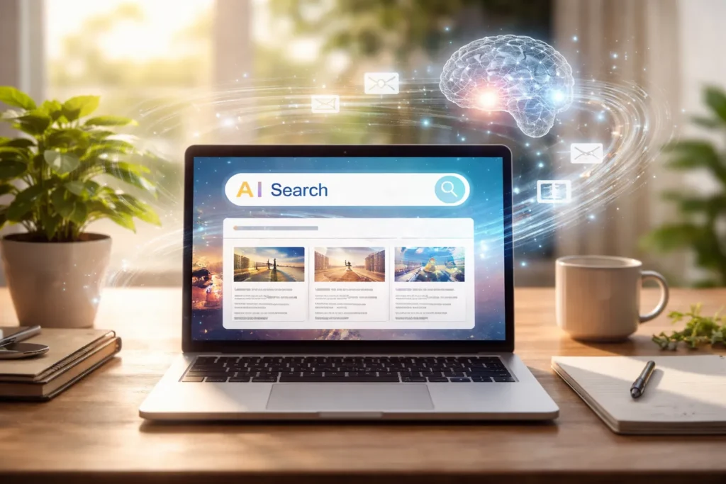 Laptop displaying AI search with glowing data