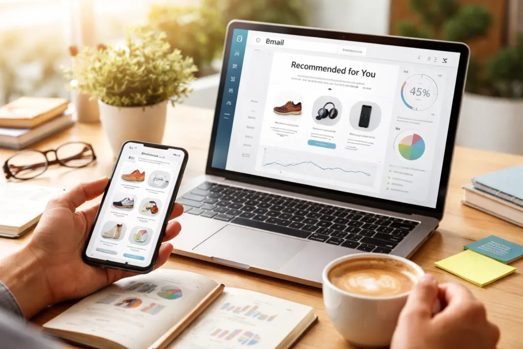 Personalized product recommendations displayed across laptop and smartphone