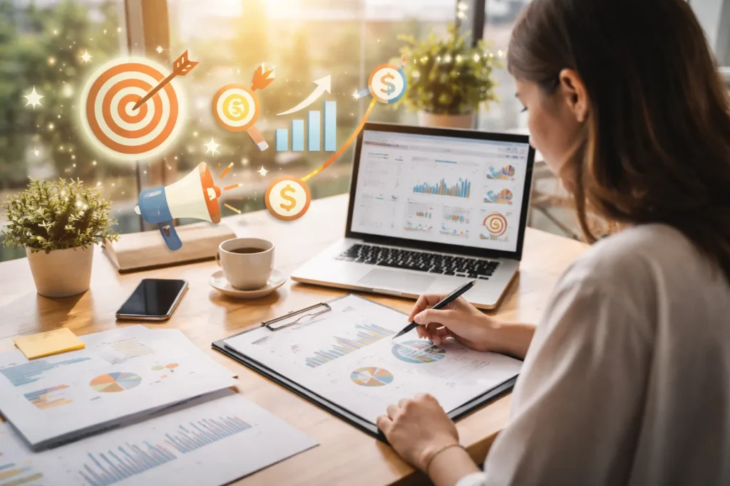 Professional analyzing marketing data with performance insights