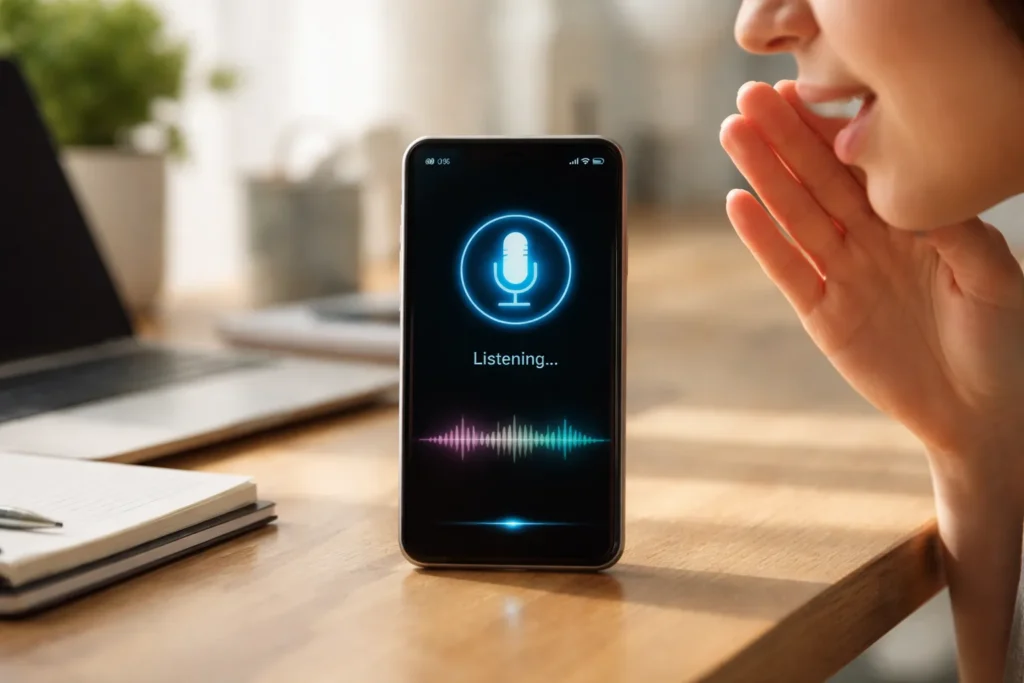 Woman using smartphone voice assistant indoors