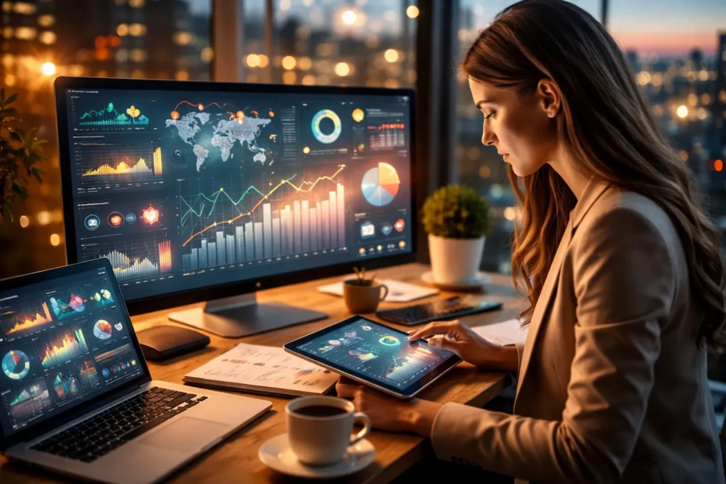 Professional analyzing digital marketing analytics dashboard