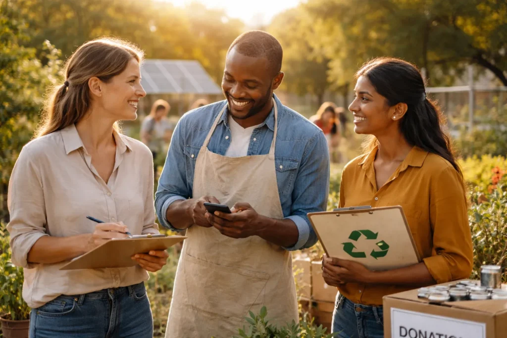 Community leaders discussing sustainability initiatives outdoors